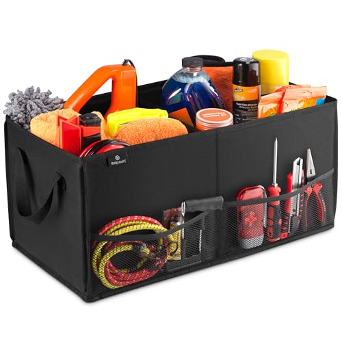 Car Trunk Organizer – Large 2 Compartment Storage Bin with Non-Slip Fastener, Mesh Side Pockets & Heavy-Duty Handles, 22 x 10 x 11 in, Black – Prevents Shifting & Rolling