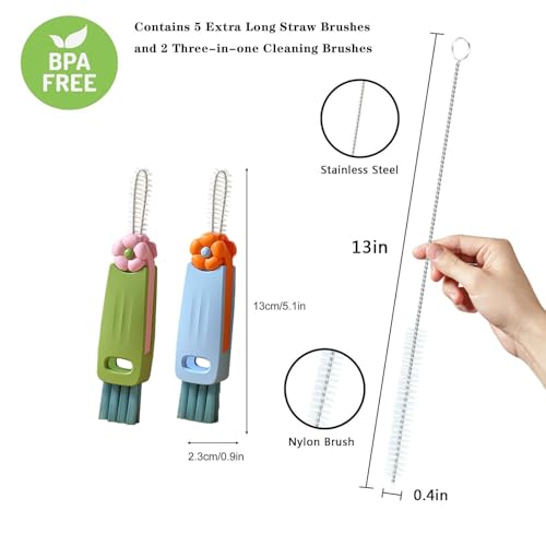 Straw Cleaner Brush Extra Long 13 inch Set for Stanley Owala Water Bottle 40 oz 32 oz 30 oz Tumble Cup Accessories Straw Brush with 3 in 1 Cup Lid Cleaning Brush (Green,Blue) - view 2