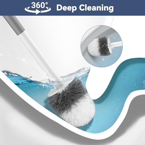 Toilet Brush, 2 Pack Compact Toilet Bowl Brush and Holder Set with Nylon Bristles Toilet Cleaner Brush Hidden Toilet Scrubber Brush for Bathroom Cleaning, Grey & White - view 3