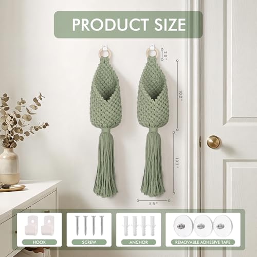Macrame Wall Hanging Bags, 2 Pack Woven Pouches Boho Storage (Matcha Green) - view 3
