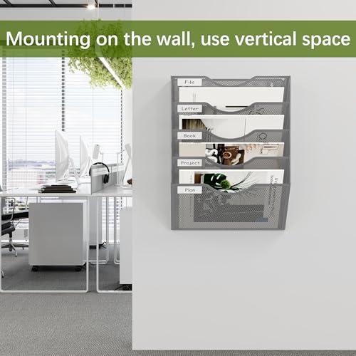 Wall File Organizer 5 Tier Hanging Paper Folder Holder, Zero Assembly Metal Mesh Wall Mounted Mail Organizer for Office Home Classroom Narrow Spaces, Silver - view 4