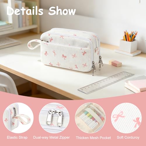 Large Capacity Cute Pencil Case, Aesthetic Pen Pouch, White with Pink Bow Pattern Pencil Bag, Kawaii Stationery Storage and Organizer, Supplies for Teen and Adult Girls - view 4