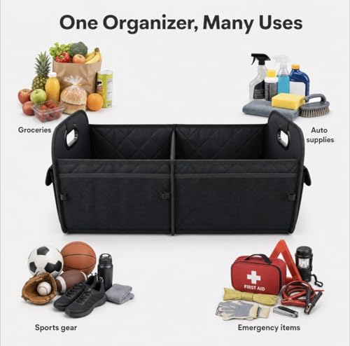 Car Organizer Caddy Oxford Quilted Trunk Organizer, Waterproof Storage Tote with Handles for Front Seat, Backseat, SUV, Truck, Van, Black - view 7