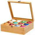 Natural Bamboo Tea Storage Organizer, Clear Acrylic Top, 12 Compartments