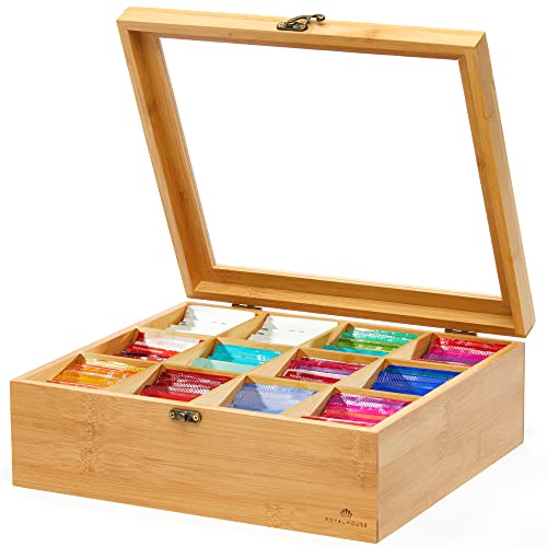 Natural Bamboo Tea Storage Organizer, Clear Acrylic Top, 12 Compartments
