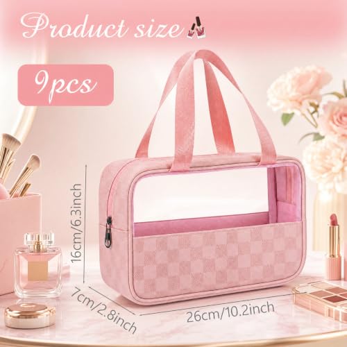 9 Pcs Translucent Makeup Bag Clear Travel Organizer, Pink Checkered - view 2