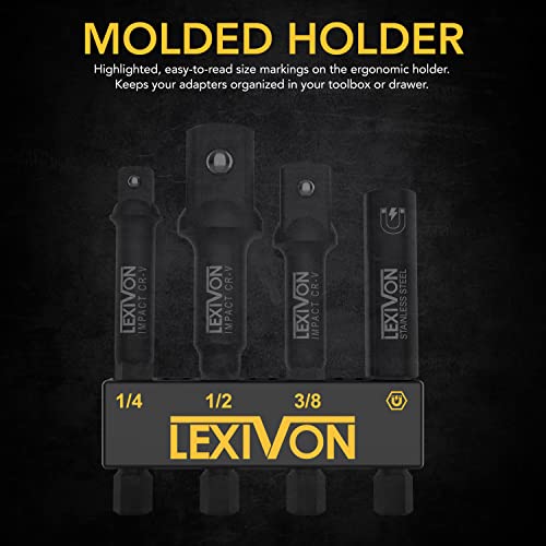 Impact Socket Adapter & Magnetic Bit Holder Set | 4 Pieces of 1/4-Inch Hex Shank Extension to 1/4", 3/8", and 1/2" Drive | Includes Organizer Rack (LX-104) - view 3