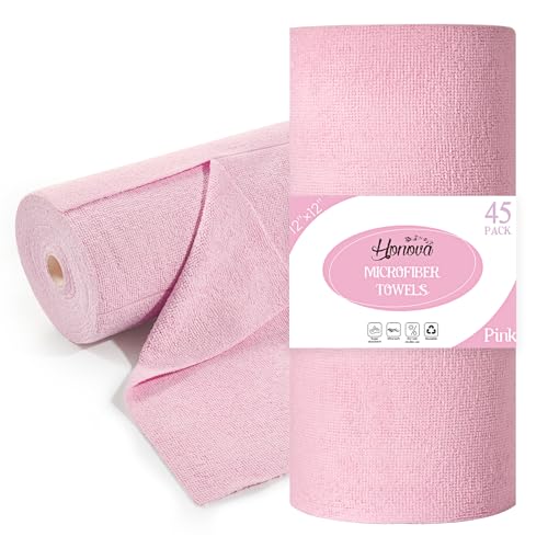 Microfiber Cleaning Cloth Roll 45 Pack, 12"×12", Reusable, Tear Away, Pink