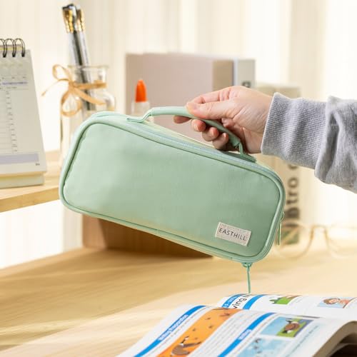 Large Capacity Pencil Case Pen Pouch Organizer Canvas Pencil Bag with Handle School Supplies for Teen Girls-Green - view 6