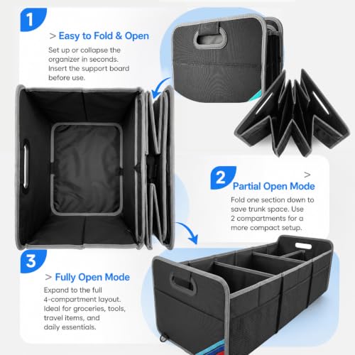 XL Car Trunk Organizer, 4 Compartments, 94L Capacity, Oxford Polyester 600D Material, Easy Fold and Store, Prevents Sliding - view 3