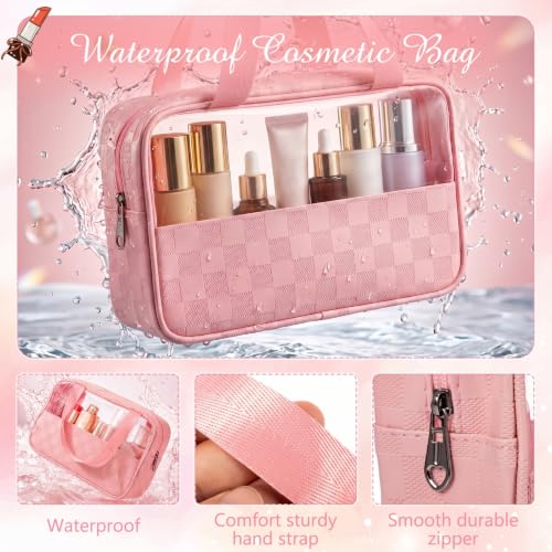 9 Pcs Translucent Makeup Bag Clear Travel Organizer, Pink Checkered - view 3