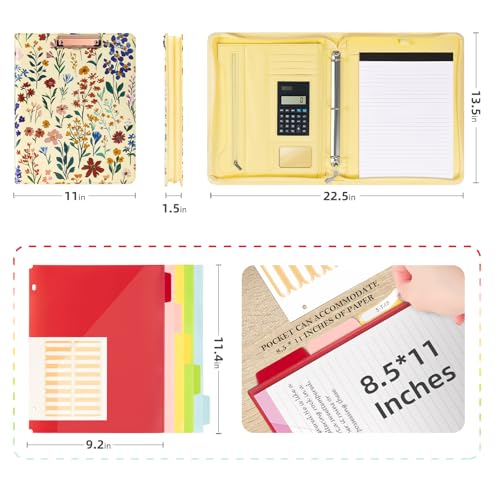 Leather Clipboard Binder with Storage - 3 Ring Zippered Padfolio Portfolio Folder - Calculator, 12.1” Tablet Sleeve, 5 Dividers with Pocket, Refillable Notepad, Card Slot (Floral) - view 2
