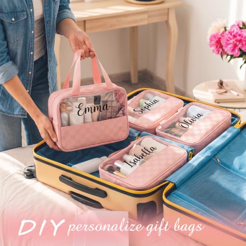9 Pcs Translucent Makeup Bag Clear Travel Organizer, Pink Checkered - view 4