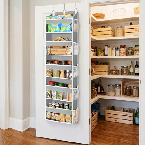 Over the Door Organizer 5 Tiers, Heavy Duty Hanging Storage with 5 Large Clear PVC Pockets and 10 Side Pockets, 56lbs Capacity for Closet Door Bathroom Bedroom Nursery Dorm Laundry Room, Grey - view 5