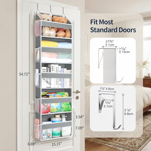 Over the Door Organizer 5 Tiers, Heavy Duty Hanging Storage with 5 Large Clear PVC Pockets and 10 Side Pockets, 56lbs Capacity for Closet Door Bathroom Bedroom Nursery Dorm Laundry Room, Grey - view 2