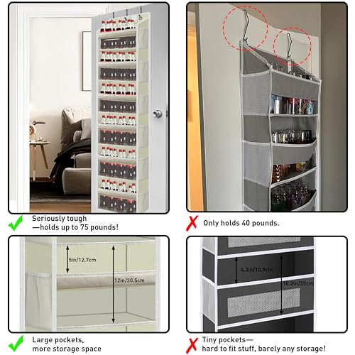 Over the Door Organizer Storage 6 Tier, 12 Large Capacity Side Pockets, Heavy Duty Metal Reinforced Hook Anti Tilt 75 LB Load Behind Door Storage for Bedroom Bathroom Pantry Nursery - view 6