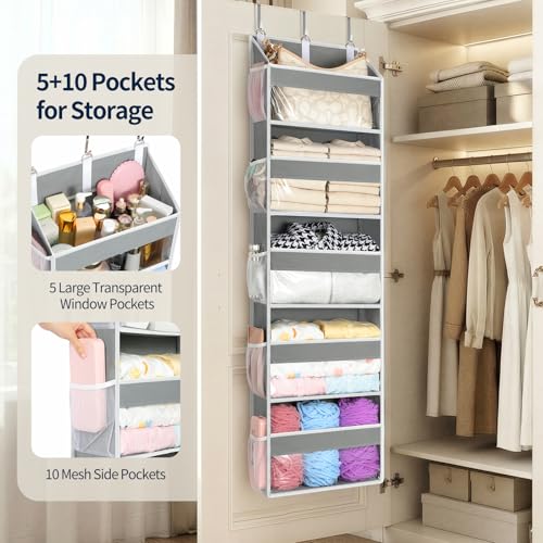 Over the Door Organizer 5 Tiers, Heavy Duty Hanging Storage with 5 Large Clear PVC Pockets and 10 Side Pockets, 56lbs Capacity for Closet Door Bathroom Bedroom Nursery Dorm Laundry Room, Grey - view 3