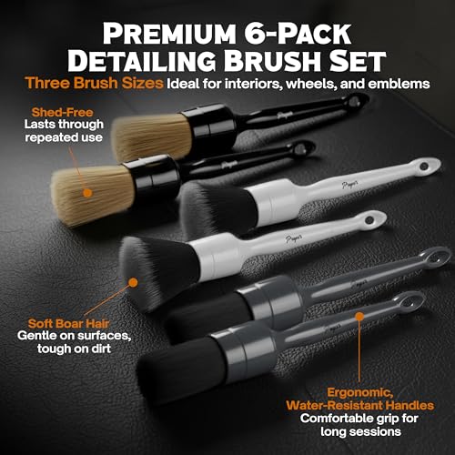 Premium Car Detailing Brush Set - Complete 6 Pack Kit - 2 Boar's Hair, 2 Ultra Soft, 2 Synthetic Bristles - Car Detail Brush for All Surfaces, Leather Seats, Air Vents, Wheels & Emblems, and More - view 2