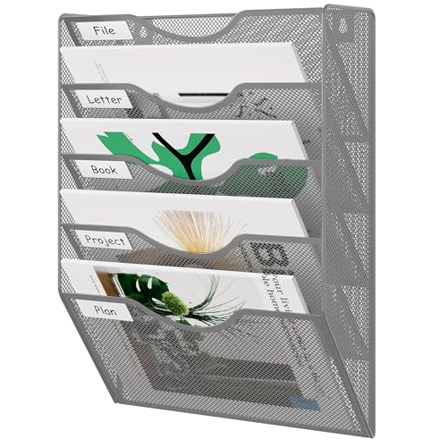 Wall File Organizer 5 Tier Hanging Paper Folder Holder, Zero Assembly Metal Mesh Wall Mounted Mail Organizer for Office Home Classroom Narrow Spaces, Silver
