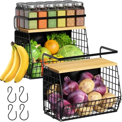 Magnetic Shelf for Fridge with Wood Lid, Fruit Potato and Onion Storage Bins, Pantry Organizers & Storage, Large Container Magnetic Spice Rack for Refrigerator, Kitchen Counter (Black, 2)