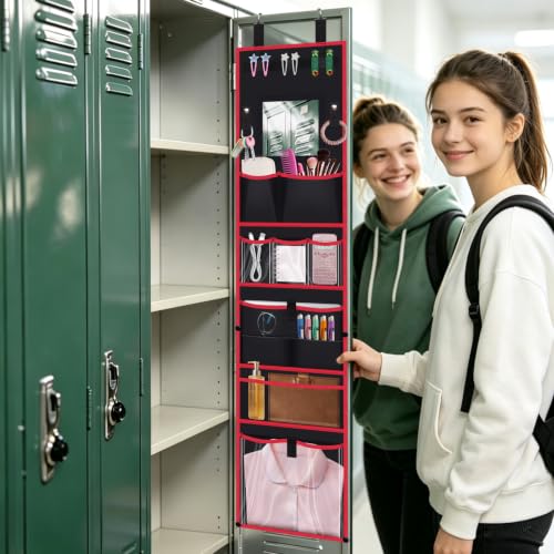 Hanging Locker Organizer with Mirror School Locker, Black and Red - view 2