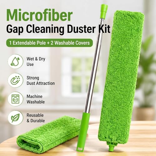 Retractable Gap Dust Cleaner Under Appliance Cleaning Tool, Flat Duster for Under Refrigerator Fridge Stove Couch Bed, Skinny Thin Duster for Tight Spaces (Green) - view 4