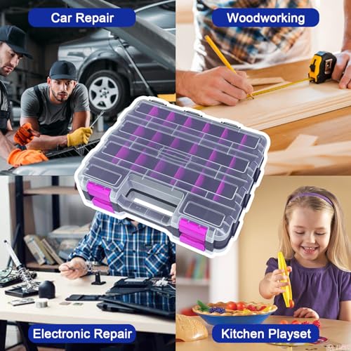 Tools Organizer Box Small Parts Storage Box 50-Compartment Double Side Hardware Organizers with Removable Plastic Dividers for Screws, Nuts, Nails, Bolts, Purple - view 7