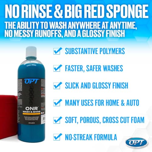 Optimum No Rinse Version 5 (32 Oz), Microfiber Drying Towel, and Big Red Sponge (BRS) Car Cleaning Kit, ONR Rinseless Car Wash, Drying Towel, and Wash Sponge for Washing and Auto Detailing - view 3