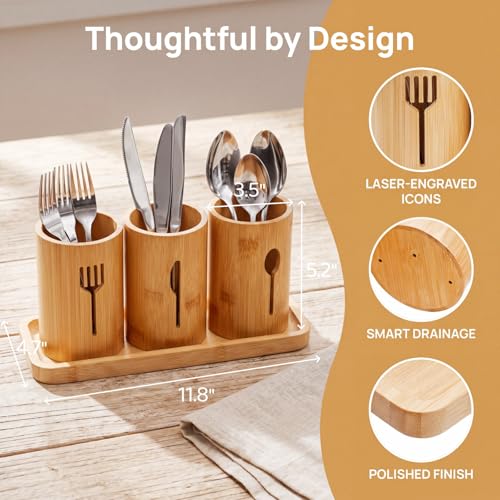 Silverware Holder, Bamboo Utensil Organizer with Tray, Kitchen Cutlery Flatware Holder Organizer for Spoons, Knives and Forks, Ideal for Kitchen and Restaurant - view 2
