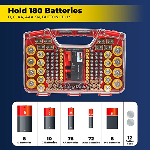 Ontel Storage & Organizer Case w/Tester, Stores & Protects Up to 180 Batteries, Double-Sided, Clear Locking Lid, Secure Latches & Portable Carrying Handle - Red (Batteries Not Included) - view 2
