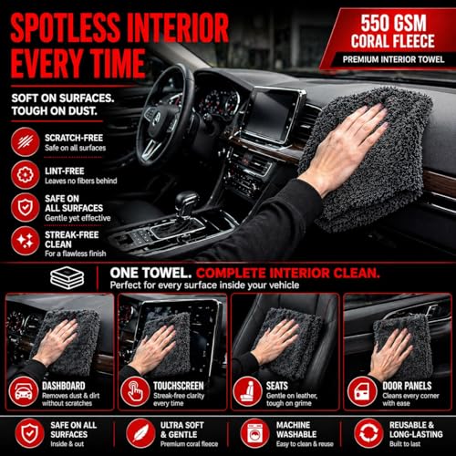 Microfiber Car Drying Towel & Interior Cleaning Cloth Set (2-Piece), 1300 GSM 24” x 36” Twisted Loop + 550 GSM 16” x 16” Coral Fleece, Streak-Free, Scratch-Free, Auto Detailing for Cars, Trucks & SUV - view 5
