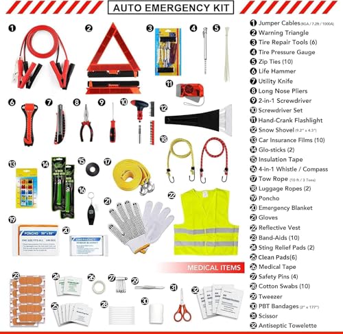 Car Emergency Kit,Premium Roadside Assistance Essentials with Jumper Cables, Flashlight, Shovel, Screwdriver Set - Ideal Auto Road Safety Kit, Survival, Truck, RV and More Gift for Father (Red) - view 3
