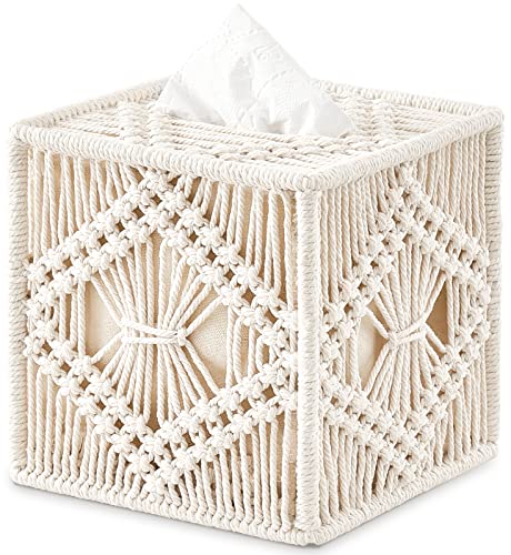 Tissue Box Cover Square, Boho Macrame Decor Open-Bottom Holder, Ivory