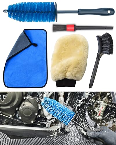 Motorcycle Cleaning Brush Kit, Easy Reach Brush, Wool Wash Mitt, Stiff Tire Brush, Detailing Brush& Microfiber Towel for Motorcycle Mudguard, Rims, Paint, Exhaust