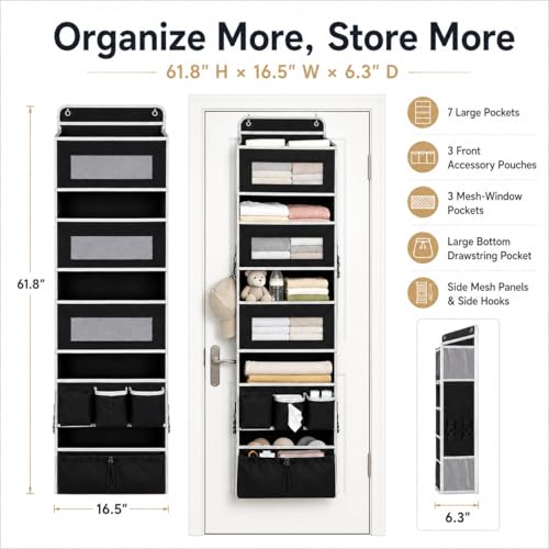 Over Door Hanging Organizer, 5 Pockets, 50 lbs Capacity, Black - view 6