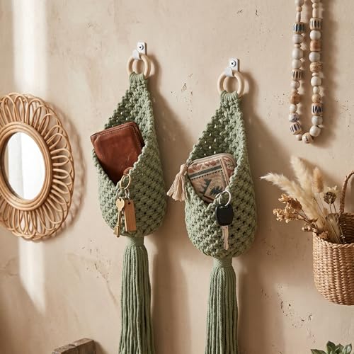 Macrame Wall Hanging Bags, 2 Pack Woven Pouches Boho Storage (Matcha Green) - view 2