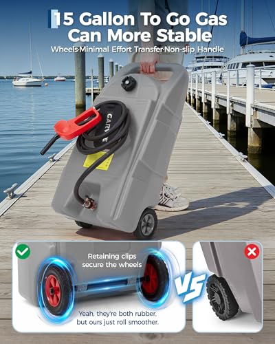 Slim 15 Gallon Gas Can, Fuel Tank Container with LE Fluid Transfer Manual 10 FT Siphon Pump, Portable Diesel Gas Storage Caddy Wheels for ATV, Weeder, Boat, Tractor, Snow Blower,Generator - view 4