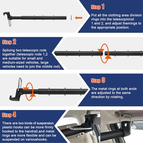Car Clothes Hanger Bar, 30-63 Inches Expandable Heavy Duty Car Clothes Rack for Car Travel - Adjustable Clothes Storage Hanger Automotive Travel Hanging Rack for Most Cars,Trucks,SUVs,Road Travelers - view 6
