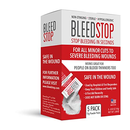 First Aid Powder for Blood Clotting, Trauma Kit, Blood Thinner Patients, Camping Safety, and Survival Equipment for Moderate to Severe Bleeding Wounds or Nosebleeds 5 Pack 15g