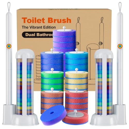 2 Pack Disposable Toilet Brush Set with Caddy, 2 Handles, 28 Refills