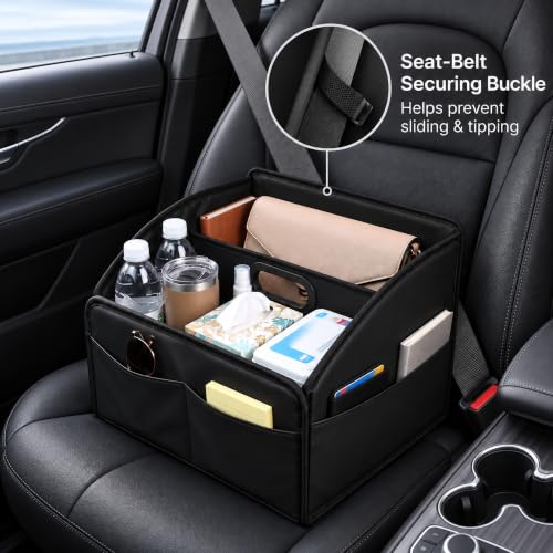 Car Storage Organizer, Leather Car Caddy Basket for Front Seat Black - view 3