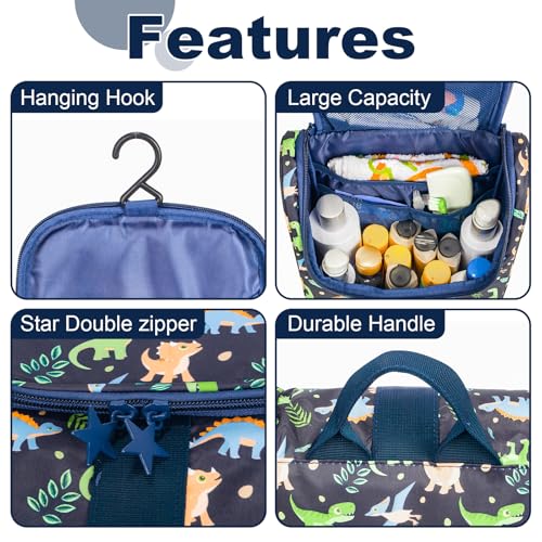 Cute Cartoon Hanging Kids Toiletry Bag Children Travel Cosmetic Makeup Organizer Wash Bag Shower bag Over Night Bag Camping Shaving Kit Bag for Boys & Girls (Dinosaurs) - view 4