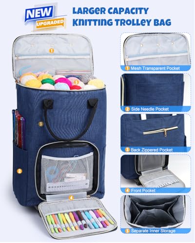 Portable Crochet Bag, Extra Large Yarn Storage for Crochet Accessories and Supplies, Yarn Bags with Wheels and Telescoping Handle, Durable Knitting Bag for Craft Enthusiasts - view 4