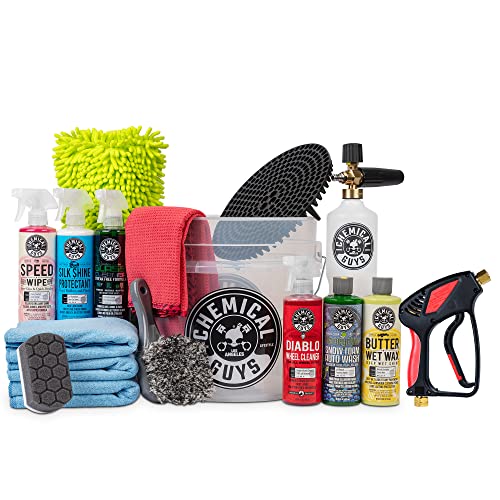 HOL169 16-Piece Arsenal Builder Car Wash Kit, Foam Cannon, Bucket, (6) 16 oz Car Cleaning Chemicals (Works w/Pressure Washer) + EQP402 Snubby Pressure Washer Gun, Foam Cannon Attachment