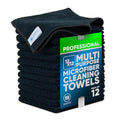 MW PRO Microfiber Cleaning Cloths Black (12 Pack, 12x12) - Commercial Janitorial Towels & Lint Free Rags - Heavy Duty for Auto Detailing, Glass Windows, Housekeeping & Screens - Washable 300+ Times
