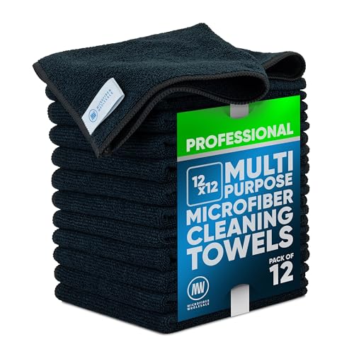 MW PRO Microfiber Cleaning Cloths Black (12 Pack, 12x12) - Commercial Janitorial Towels & Lint Free Rags - Heavy Duty for Auto Detailing, Glass Windows, Housekeeping & Screens - Washable 300+ Times