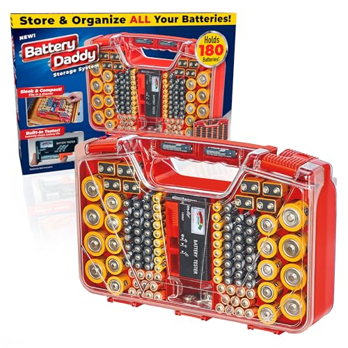 Ontel Storage & Organizer Case w/Tester, Stores & Protects Up to 180 Batteries, Double-Sided, Clear Locking Lid, Secure Latches & Portable Carrying Handle - Red (Batteries Not Included)