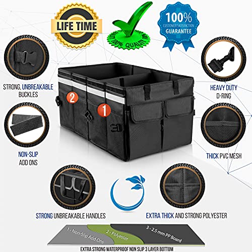 Car Trunk Organizer Super Strong, Foldable Storage Cargo Box for SUV, Auto, Truck Nonslip Waterproof Bottom, Fits any Vehicle, Come w Adjustable TieDown Straps W LID (Black, 2 - view 6