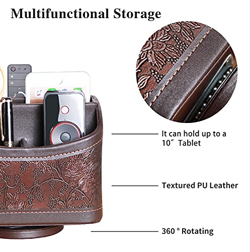 Antique Leather Remote Control Holder, 360 Degree Spinning Desk TV Remote Caddy/Box, Bedside Table Organizer for Controller, Media, Calculator, Mobile Phone and Pen Storage - view 2