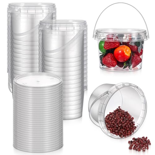 40 Pcs 16oz Clear Plastic Buckets with Handles and Lids, 16oz Mini Drinking Buckets Reusable Ice Cream Tub Airtight Food Storage Container Pails for Kitchen, Party Snacks, Camping Drinks, Small Items